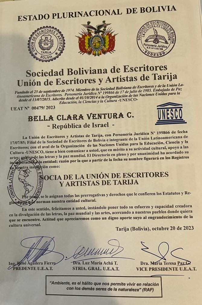 Declaración de la Unesco como socia de la Unión de escritores  y Artistas de Tarija